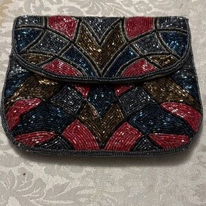 Vintage Beaded Envelope Clutch Bag in Red, Blue, Gold, and Black